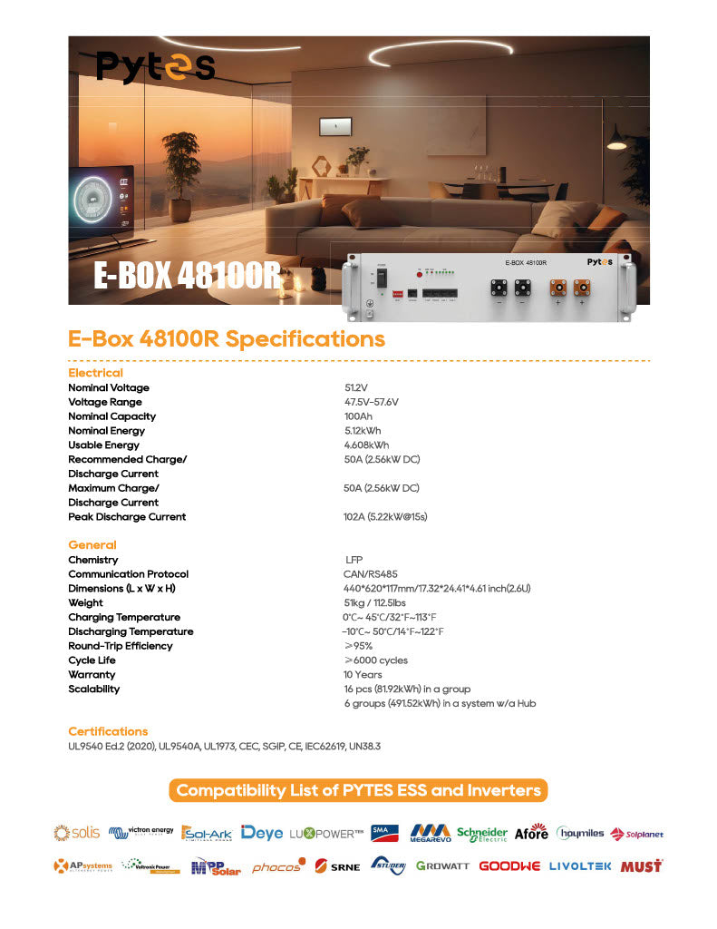 PYTES E-Box-48100R LFP Battery with 10 year warranty